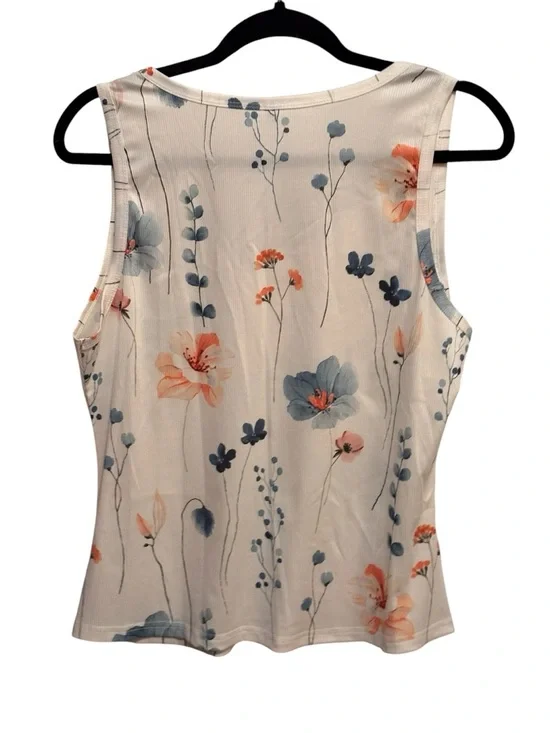Floral V-Neck Sleeveless Tank Top - White with Blue & Peach Flowers - Picture 2 of 4